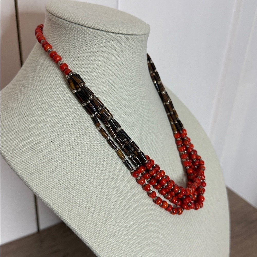 Vintage Handmade Red and Brown Beaded Necklace multi strand - Picture 4 of 4